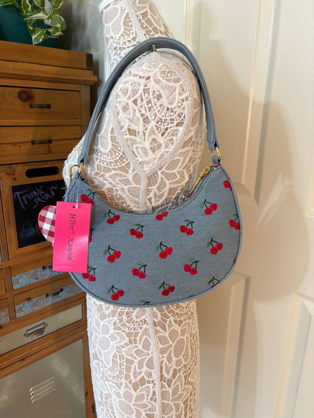 Betsey Johnson - XO Northy Denim Shoulder Bag / Purse W/ Red Cherries - NWT - Picture 5 of 13
